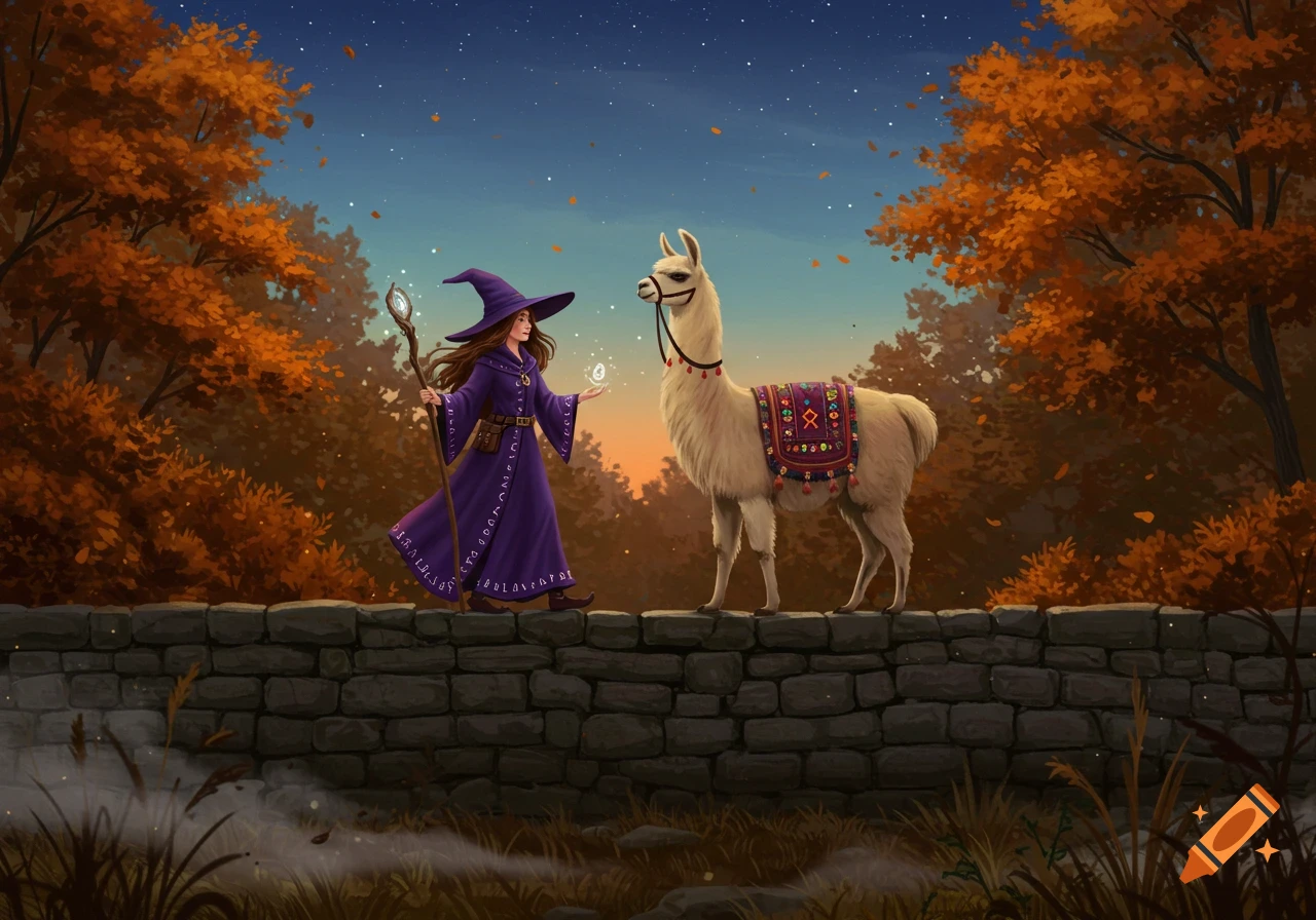 Illustrated fantasy art of a witch and a llama on a stone wall, surrounded by autumn trees under a starry night sky.