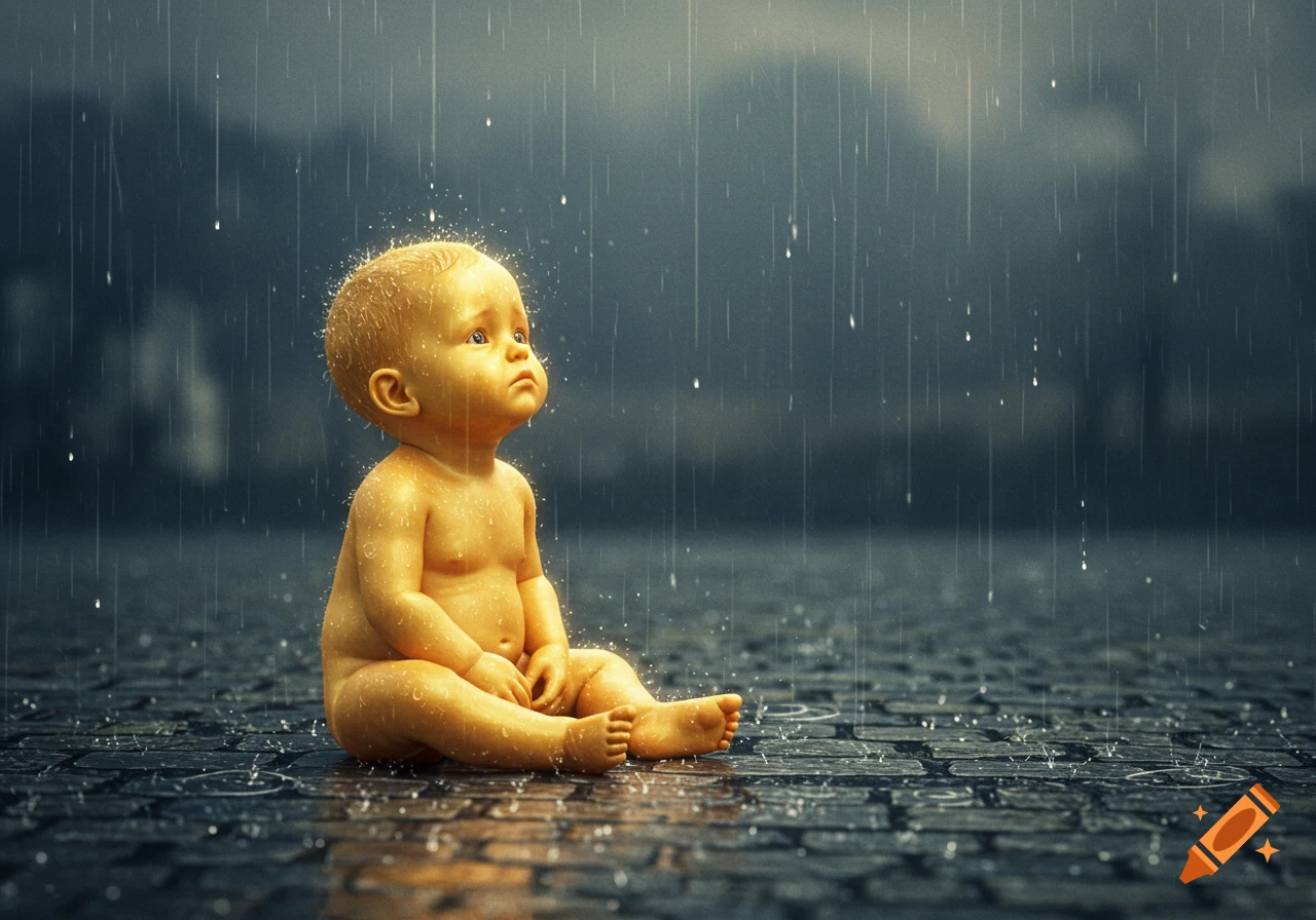 A sad, photorealistic golden baby sits alone on wet cobblestones, looking up into the falling rain.