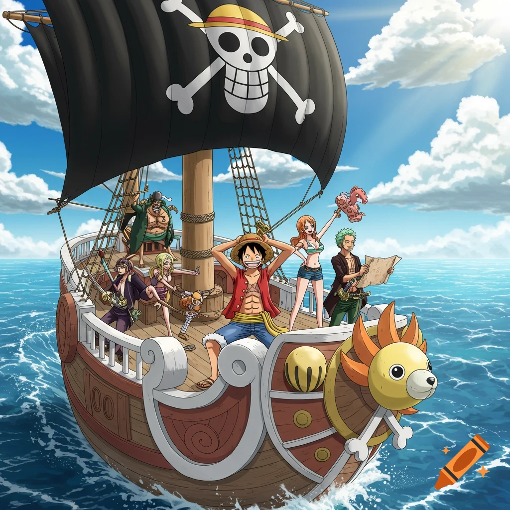 The Straw Hat Pirates, including Luffy, Zoro, Nami, and others, stand on the deck of their ship, the Thousand Sunny, as it sails across a blue ocean under a partly cloudy sky. The ship's black sail features a skull and crossbones emblem.