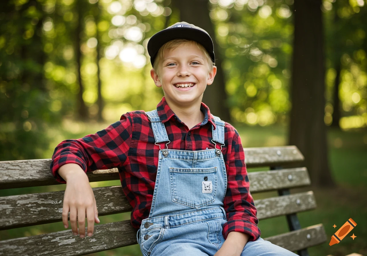 A cheerful boy in a plaid shirt and overalls sits on a park bench in a sunny, green park. Photorealistic.