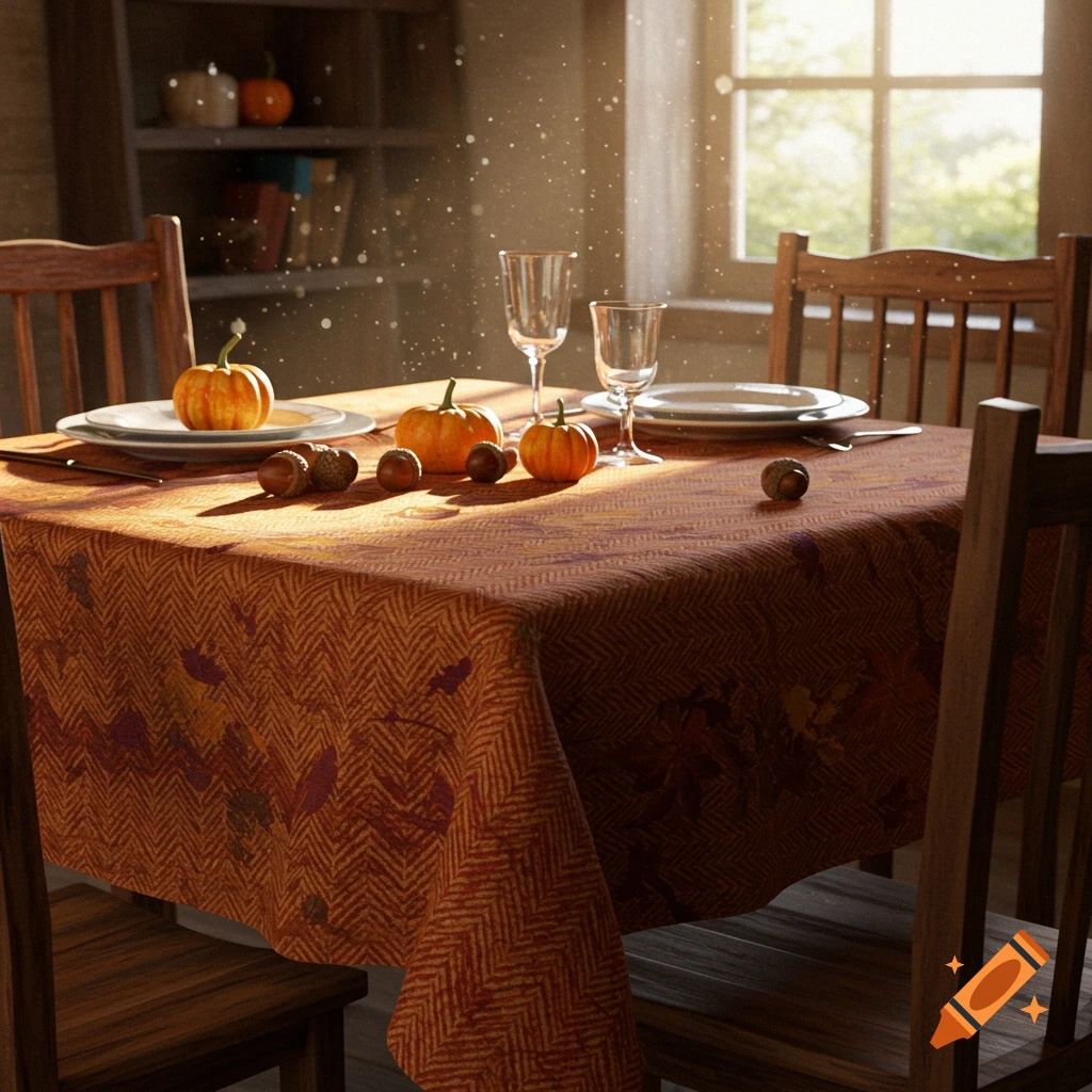 Photorealistic autumn table setting with an orange herringbone tablecloth, small pumpkins, acorns, glasses, and plates, bathed in warm sunlight.