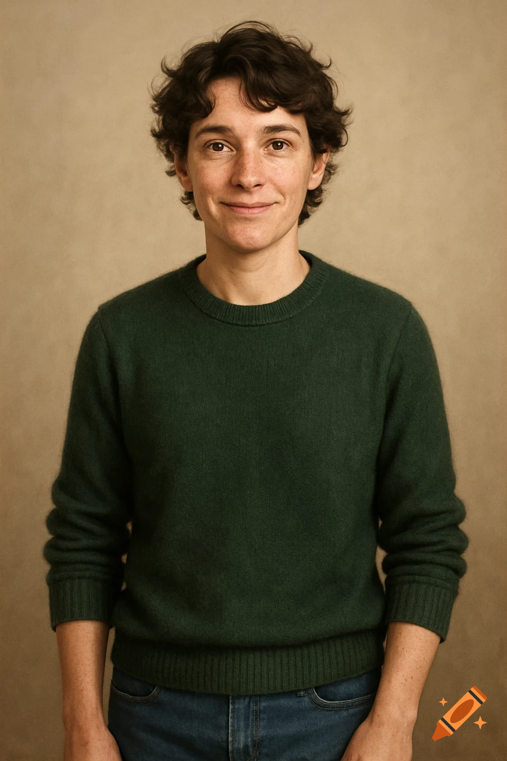 A smiling person with dark curly hair wearing a deep green sweater and jeans against a neutral background.