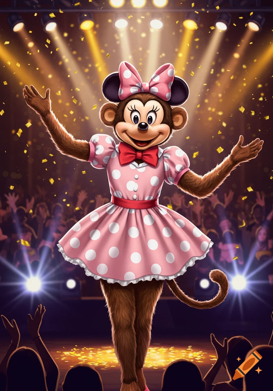 A cartoon monkey in a pink polka dot Minnie Mouse dress performs on stage under spotlights with confetti falling.