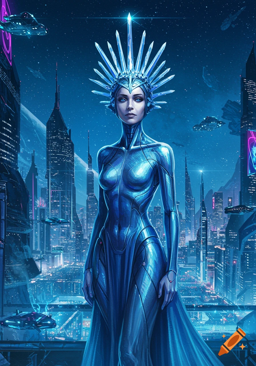 A woman in a reflective blue futuristic suit and crystal crown stands in a sprawling cyberpunk city at night under a starry sky.