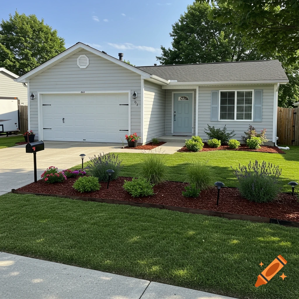 A photorealistic image of a light gray single-story suburban house with a blue door and neatly landscaped front yard.