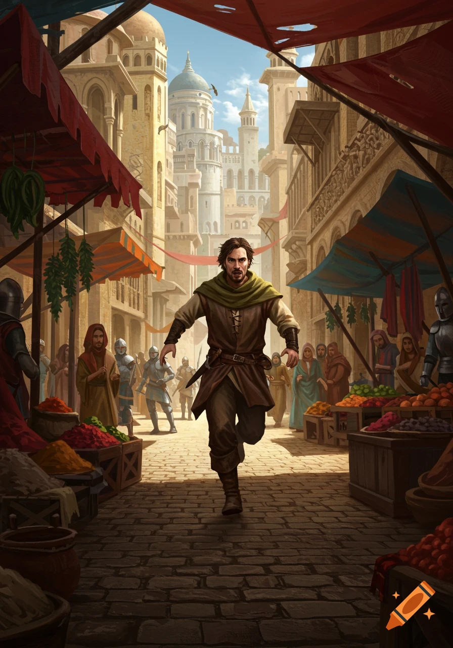 A man in a tunic and scarf runs through a medieval market street, pursued by armored guards. Digital painting.