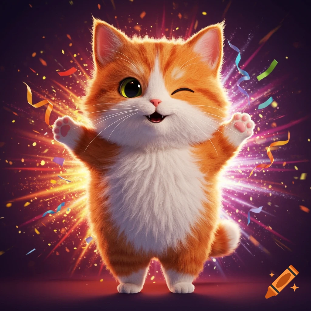 A fluffy orange and white cartoon cat winks and smiles, with outstretched arms, surrounded by bright confetti.