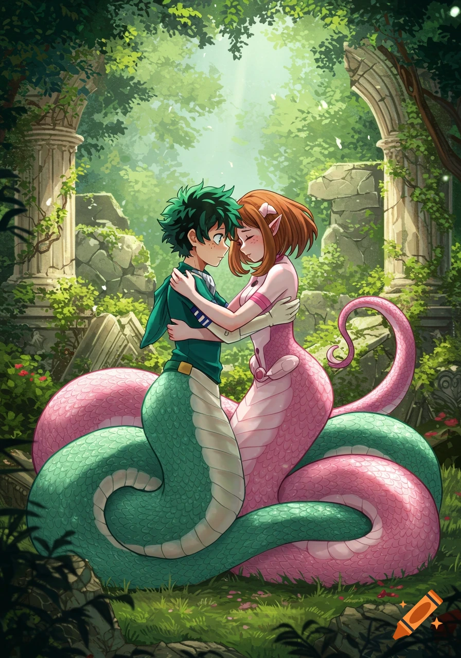 Anime illustration of Izuku Midoriya and Ochako Uraraka as lamias hugging in ancient overgrown ruins in a lush forest.