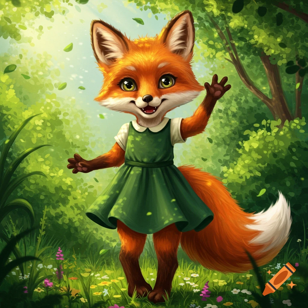 A cute, orange cartoon fox in a green dress waves while standing in a sunny, green forest with wildflowers.