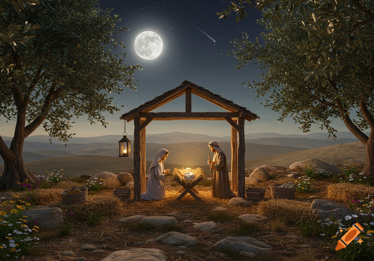 Mary and Joseph kneel by baby Jesus in a manger under a full moon and starry night, framed by olive trees in a pastoral landscape, photorealistic.