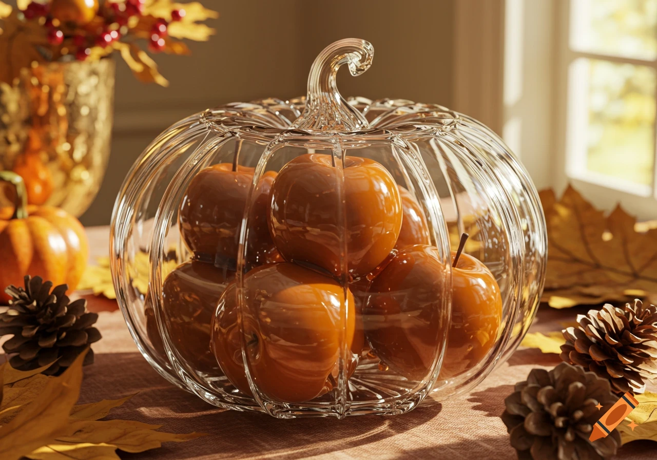 Clear glass pumpkin bowl filled with caramel apples, surrounded by autumn leaves and pinecones.