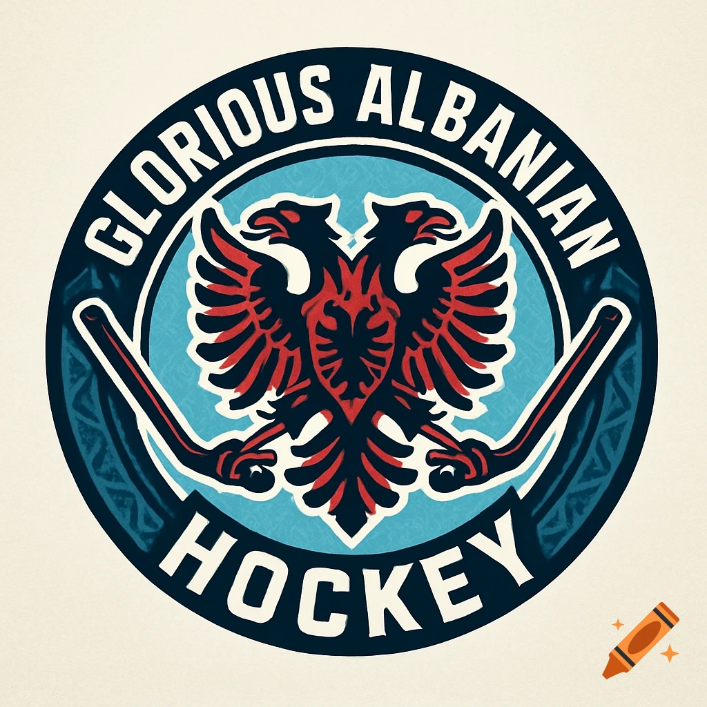 A circular logo for "Glorious Albanian Hockey" with a red and black double-headed eagle and two hockey sticks.