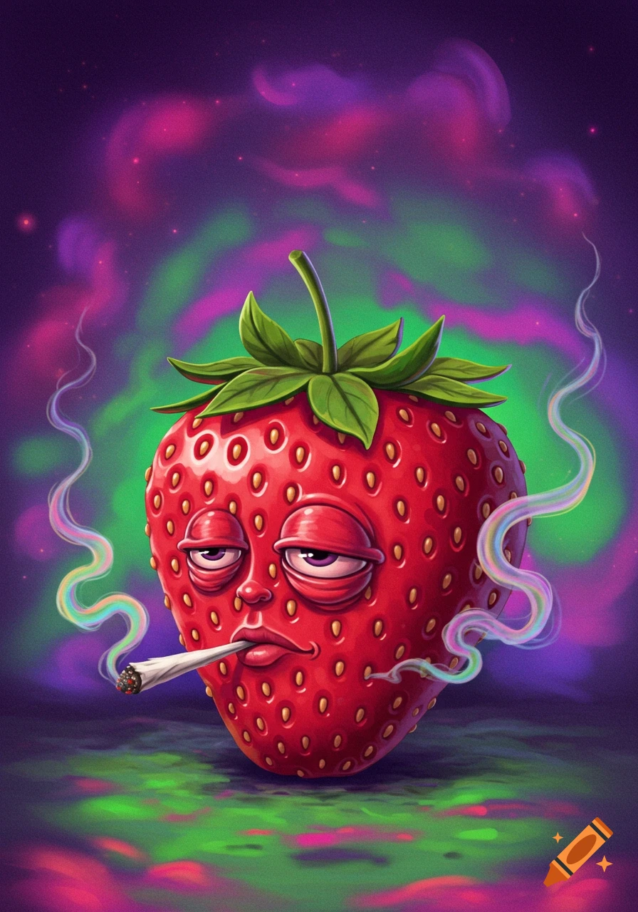 A cartoon strawberry with a human-like face, red eyes, and plump lips, smoking a lit joint and exhaling colorful smoke against a vibrant, swirling green and purple background.