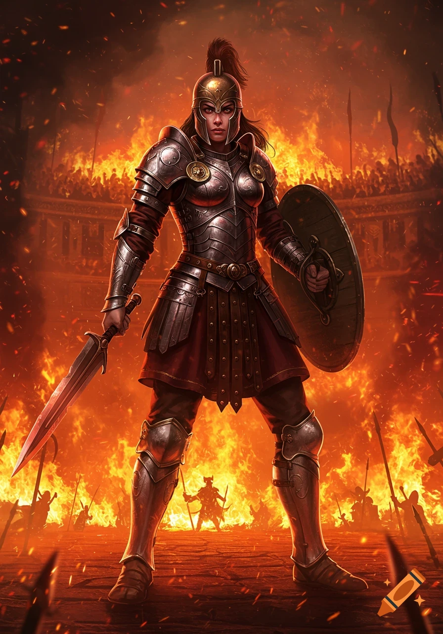 A female warrior in ornate armor stands defiantly in a fiery arena, holding a sword and shield with a blurred crowd behind her.