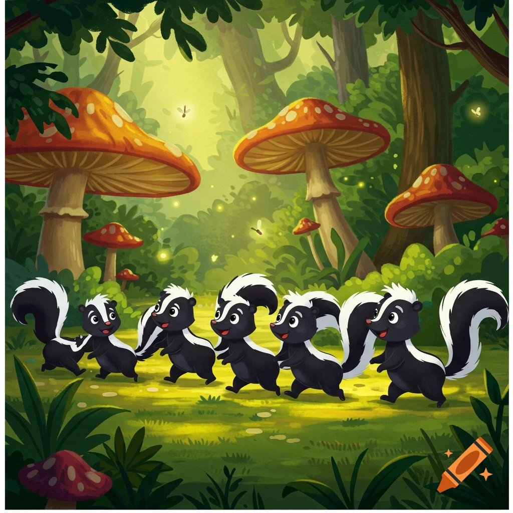A line of cute cartoon skunks walking through a lush green forest with large red-capped mushrooms and glowing fireflies.