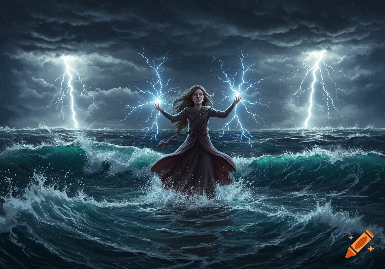 A girl in a dark dress stands in a stormy ocean, conjuring lightning from her hands under a dark, rainy sky in a fantasy illustration.