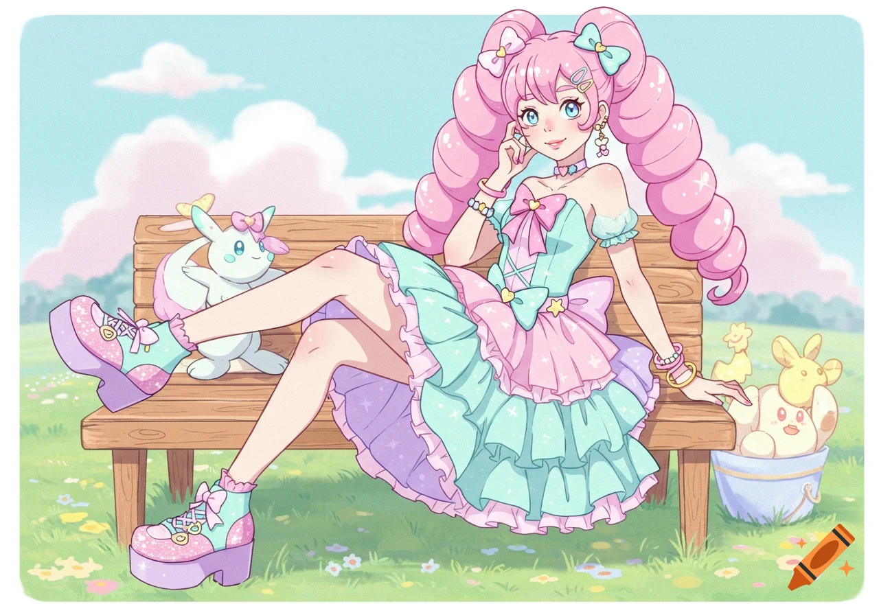 An anime girl with pink pigtails and a pastel tiered dress sits on a bench with a cute bunny-like creature.