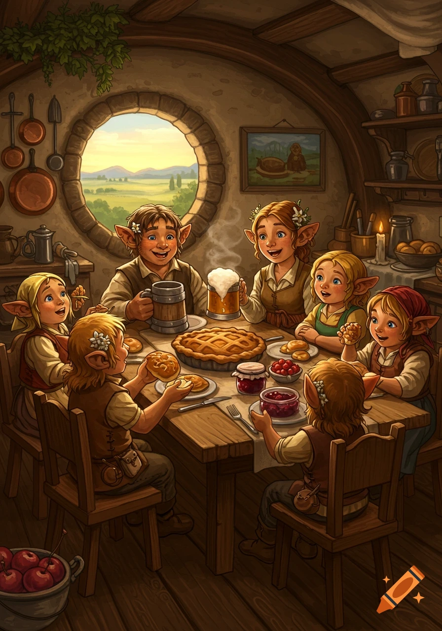 A whimsical illustration of a halfling family sharing a meal around a wooden table in a cozy, rustic home with a round window.