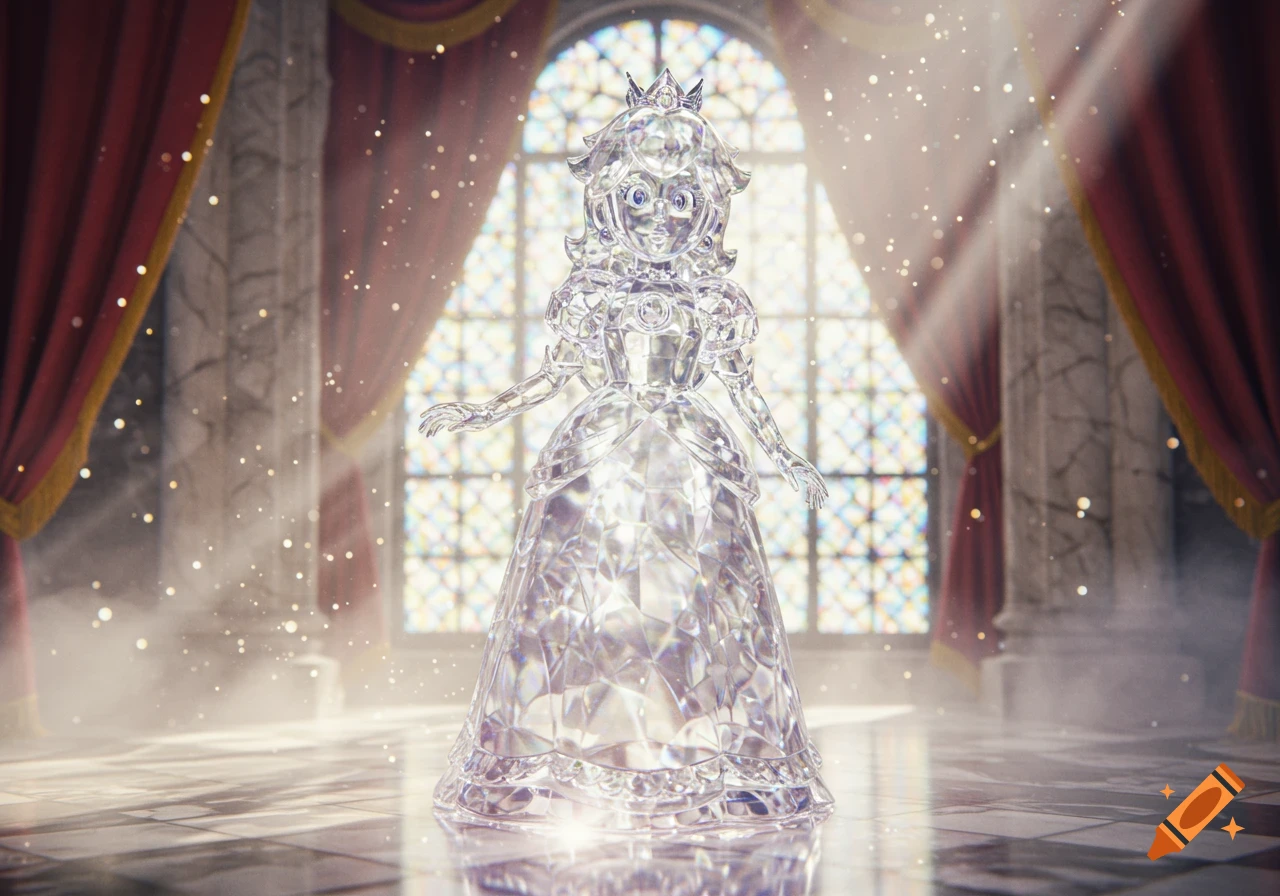 A sparkling crystal statue of Princess Peach stands in a majestic hall with red curtains and a large stained-glass window.