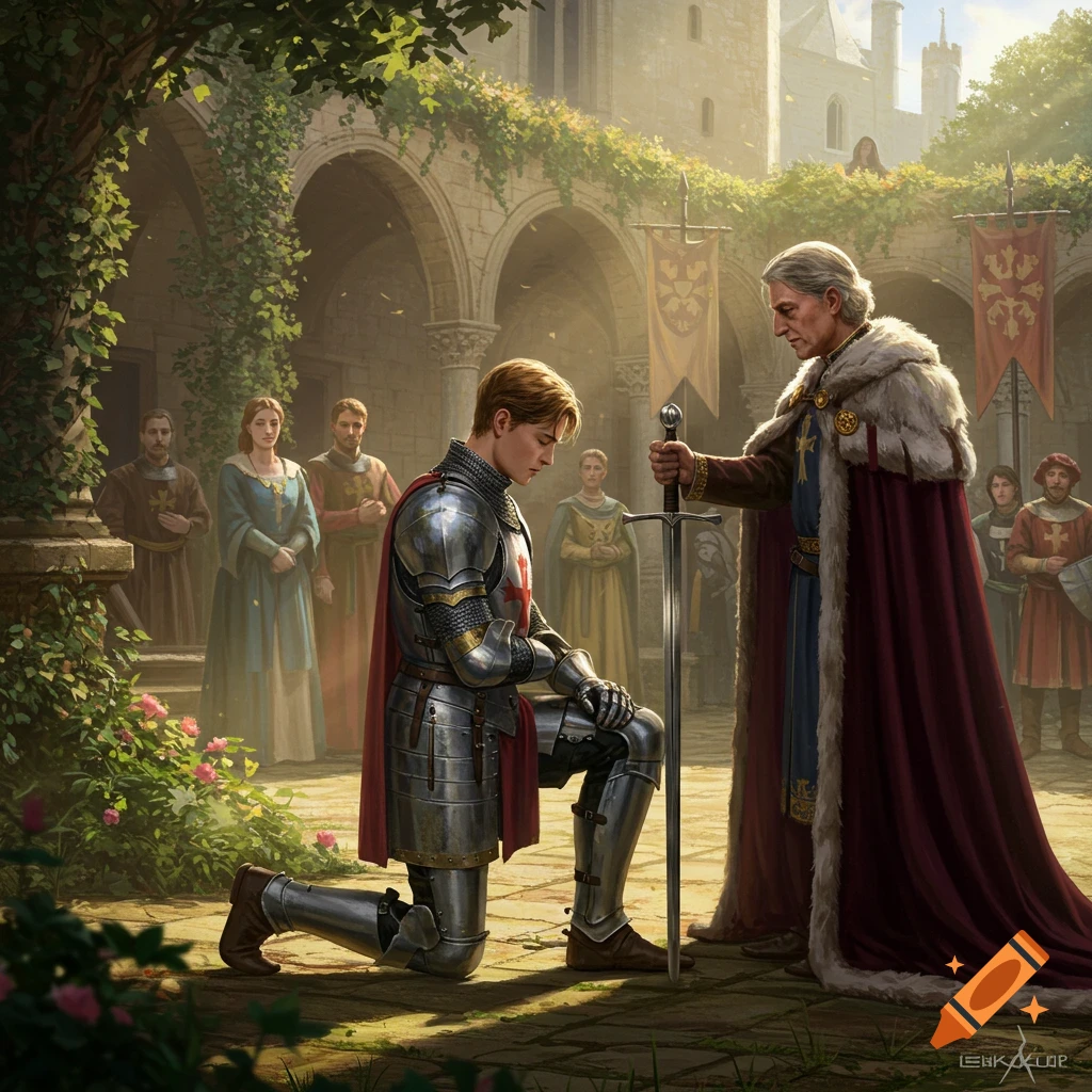 A knight kneels in a lush castle courtyard as an older, robed man touches his shoulder with a sword in a detailed digital painting.