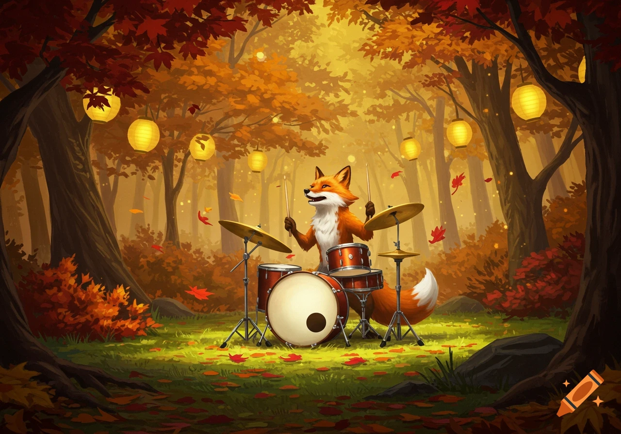 A cheerful cartoon fox plays a drum set in an enchanting autumn forest filled with glowing lanterns and falling red and orange leaves.