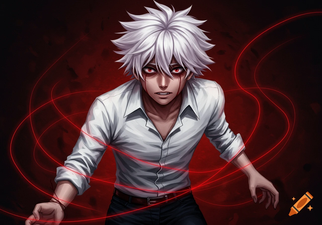 Anime illustration of an intense white-haired boy with red eyes and blood-like tears, red energy lines swirl around him.