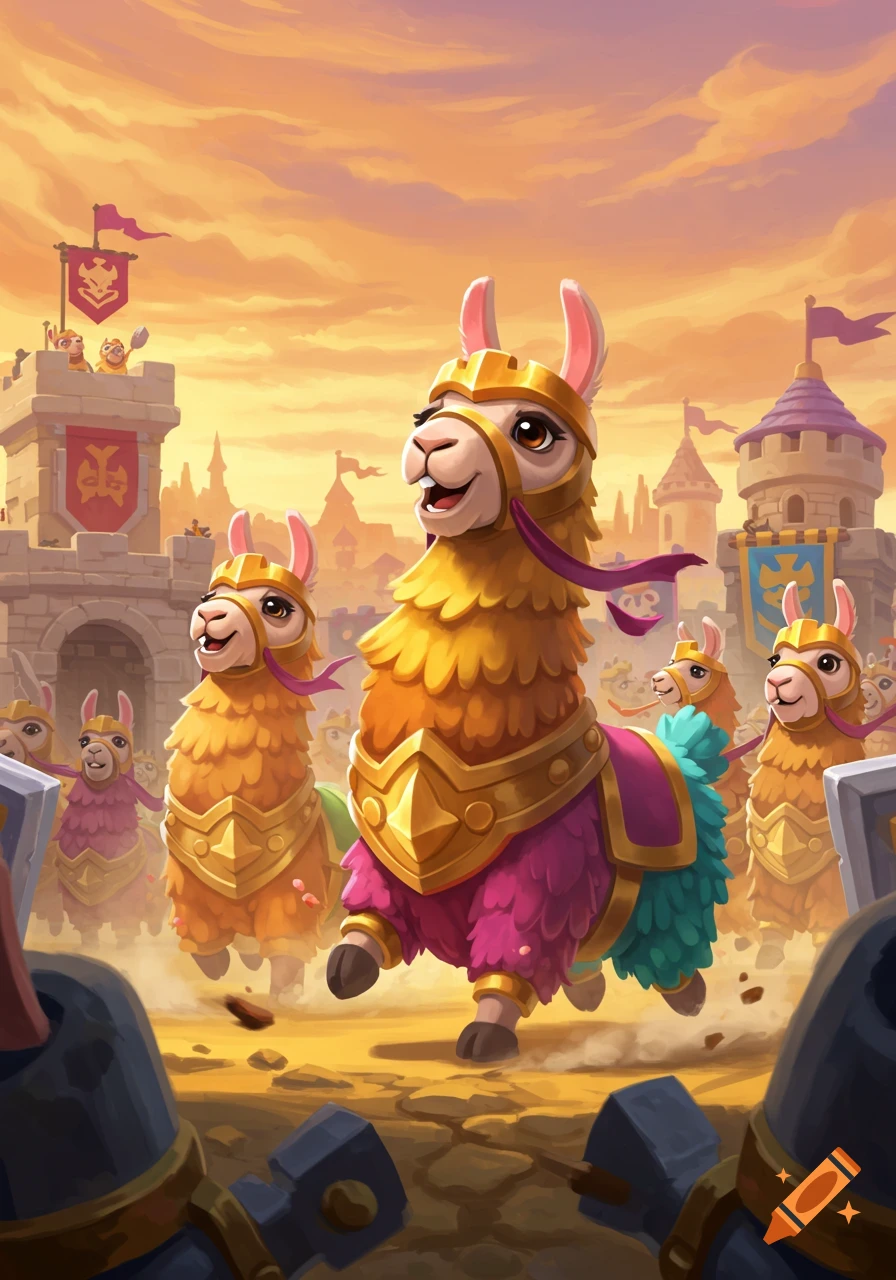 Vibrant cartoon llamas in golden armor run past castles under a golden sky, in a fantasy game art style.