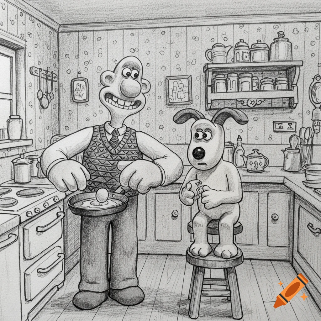 Wallace cooking an egg in a pan while Gromit holds a broken eggshell in a detailed pencil drawing of a kitchen scene.