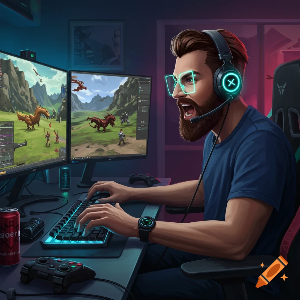 A bearded man wearing headphones and glowing glasses plays a fantasy video game on dual monitors, intensely focused, in a digital art style.