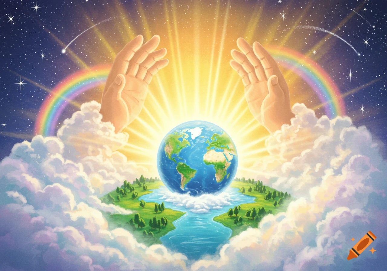 Stylized illustration of two glowing hands cradling the Earth among clouds, a rainbow, and stars, radiating bright light.