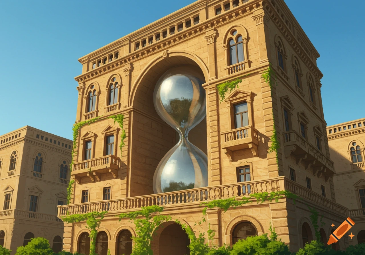 A large Italianate-style building with a giant, shiny hourglass embedded in its central archway, under a clear blue sky.