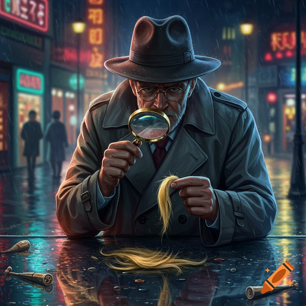 A trench-coat clad detective in a rainy city street examines a blonde hair strand with a magnifying glass.