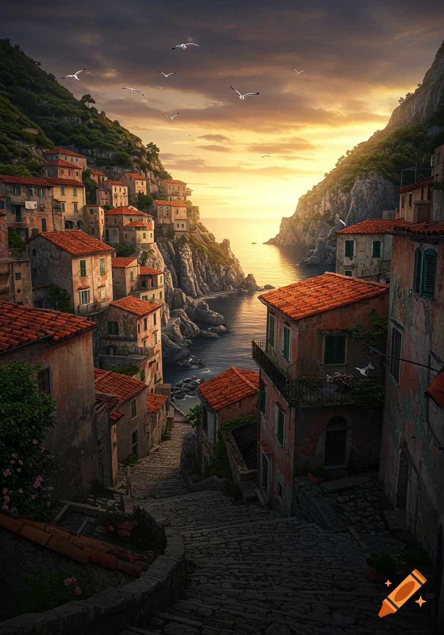 A photorealistic depiction of a colorful seaside town clinging to cliffs overlooking a calm sea at sunset, with seagulls flying overhead.