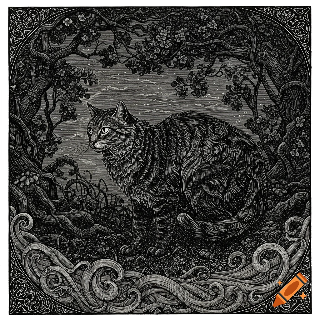 A black and white engraving of a tabby cat sitting in a detailed, mystical forest under a starry night sky.