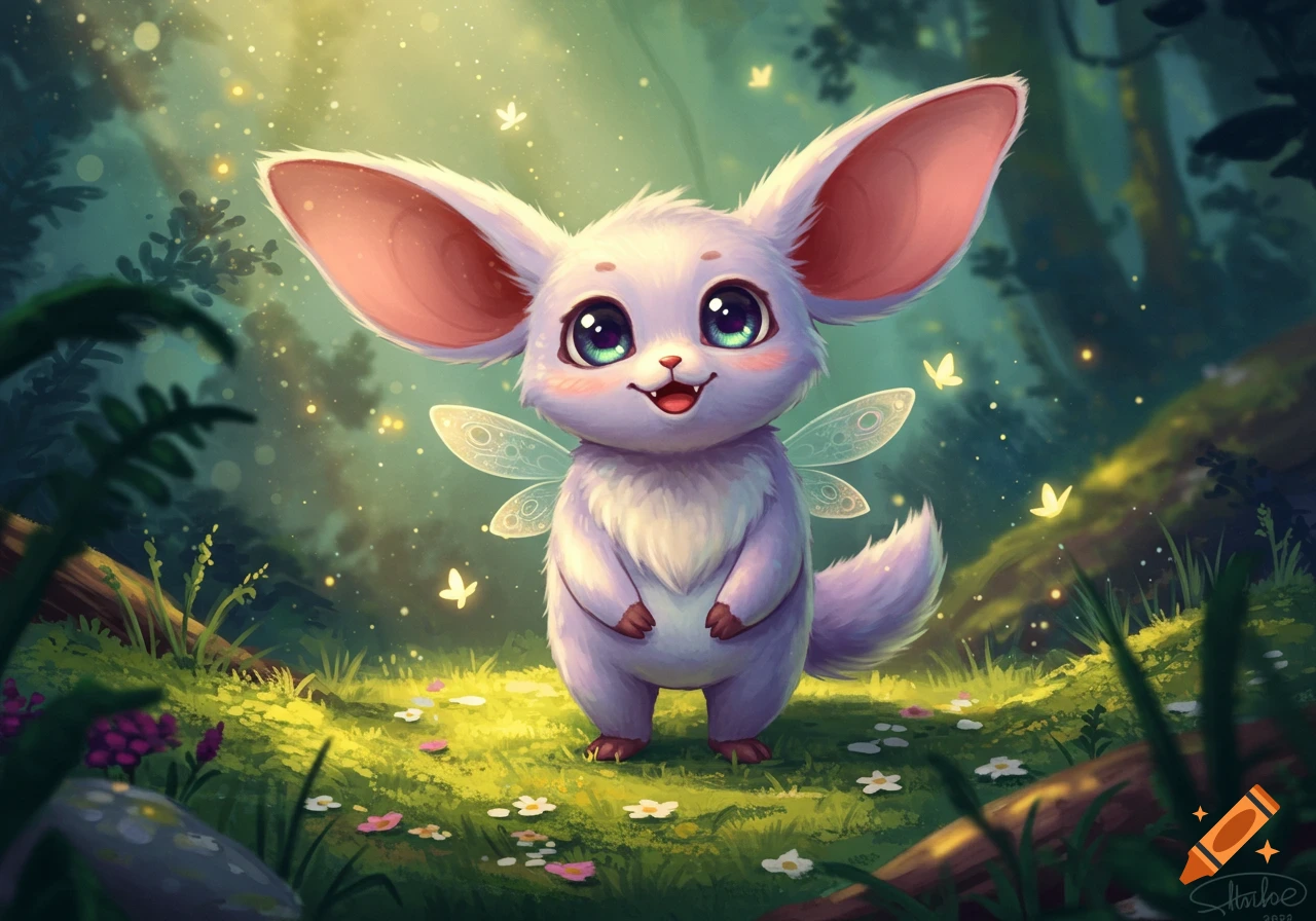 A cute, fluffy, light purple creature with large ears and fairy wings stands smiling in a magical forest with glowing butterflies. Whimsical illustration.