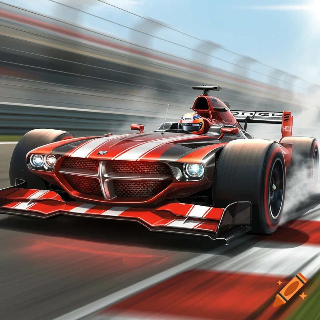 A red and silver F1 racing car with Dodge design speeding on a track, a driver in a helmet visible, with motion blur.