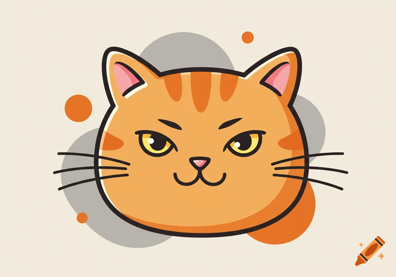 Cartoon illustration of an orange cat's head with prominent whiskers and a mischievous expression.