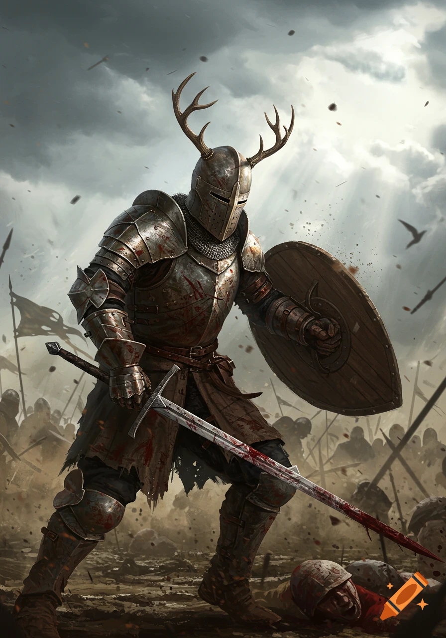 A bloodied medieval knight with deer horns on his helmet stands on a battlefield, holding a sword and shield amidst fallen foes under a stormy sky.
