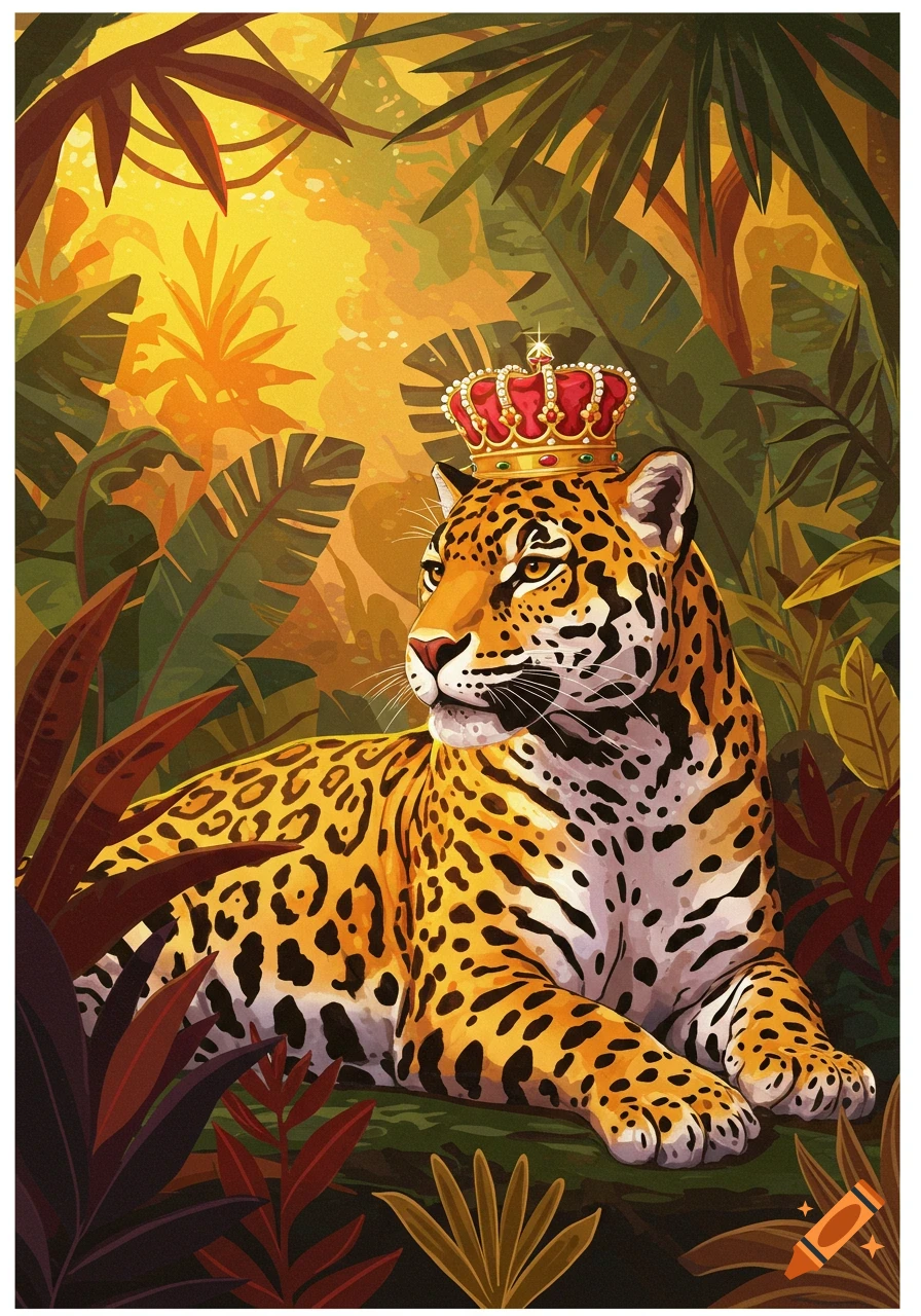 An illustration of a regal jaguar wearing a ruby crown, lying amidst lush jungle foliage under a warm yellow light.