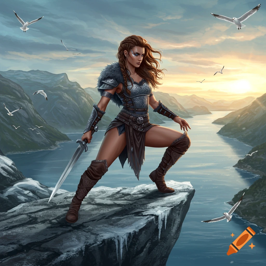 A female warrior with a sword stands on a snowy cliff overlooking a mountain fjord at sunset, with seagulls flying.