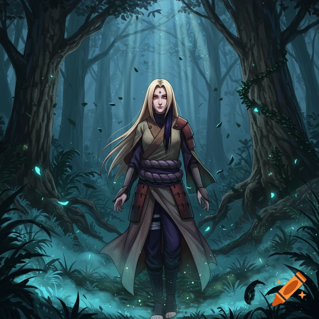 An anime character with long blonde hair and a flowing robe stands in a mystical, dark forest with glowing elements.