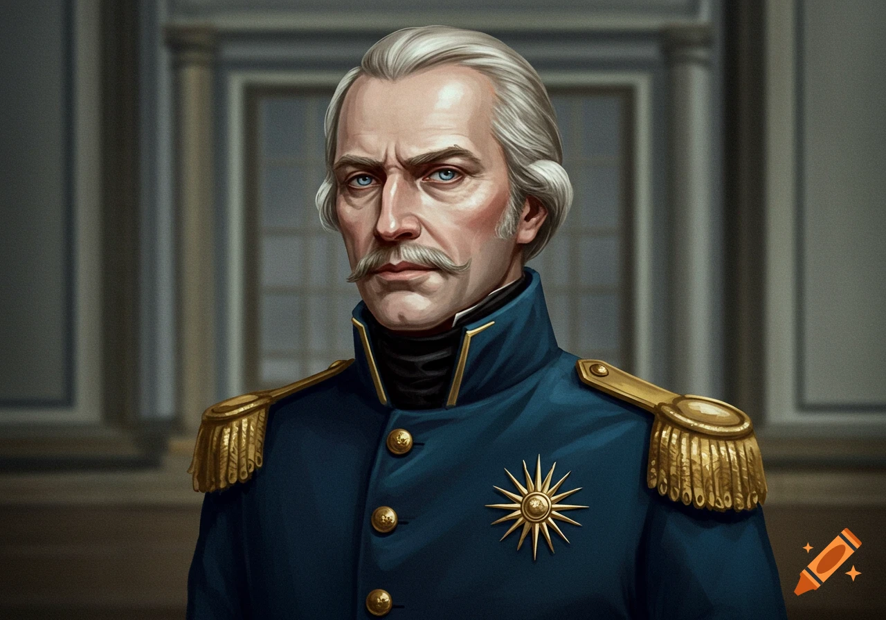 Portrait of a stern, white-haired man with a mustache, wearing a blue military uniform with gold epaulets and a sunburst medal.