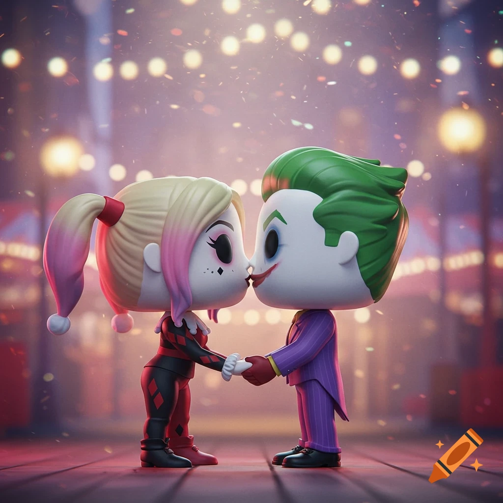Funko Pop Harley Quinn and Joker holding hands and about to kiss, in a blurred, festive setting.