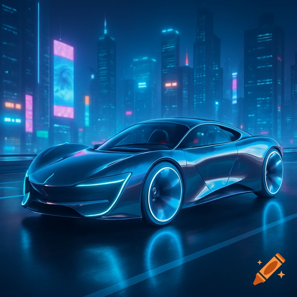 Sleek metallic futuristic concept car with neon trim drives on a wet road in a vibrant, neon-lit cyberpunk cityscape.