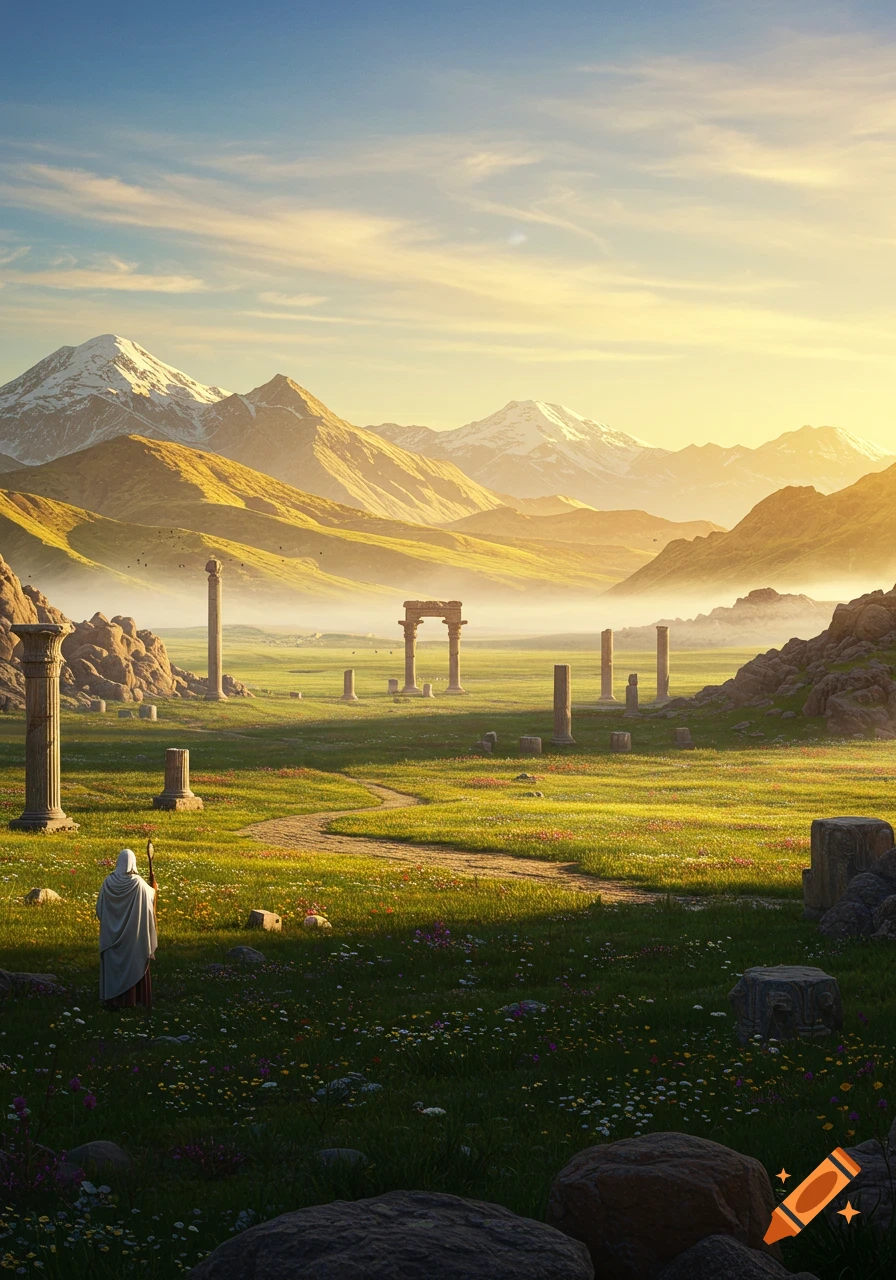 A robed figure stands in a vast, sunlit green valley scattered with ancient ruins and a winding path, backed by snow-capped mountains.