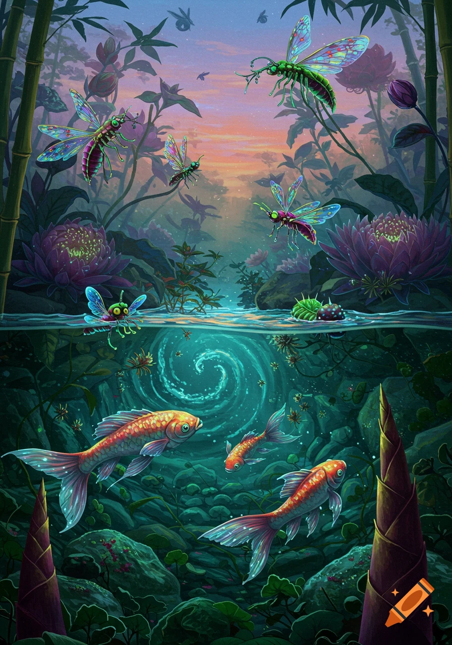 Vibrant fantasy art showing a split view of flying insects above a water surface and goldfish-like creatures swimming below.