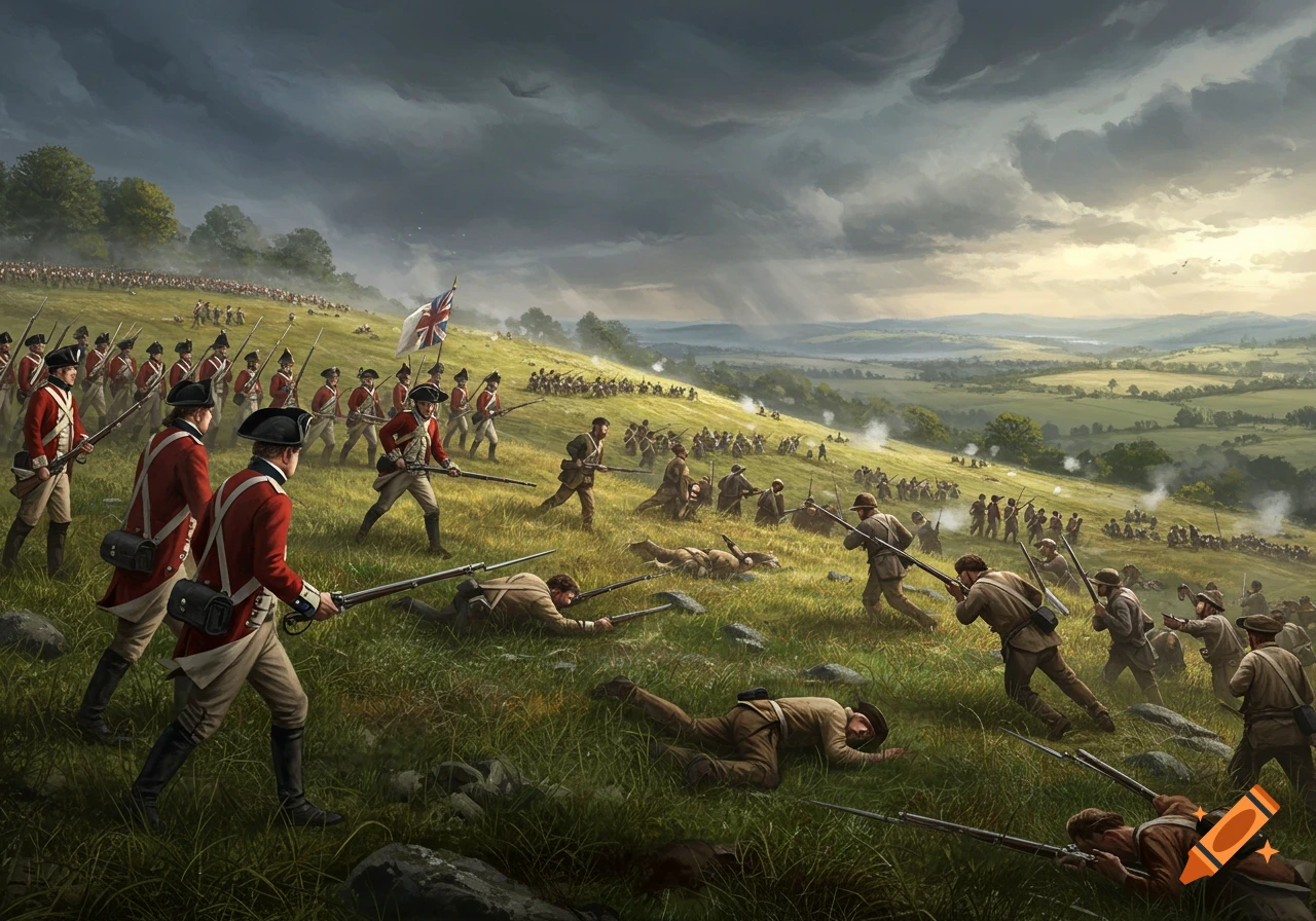 British Redcoats and American troops battle on a grassy hill under a dramatic, cloudy sky in a detailed painting.
