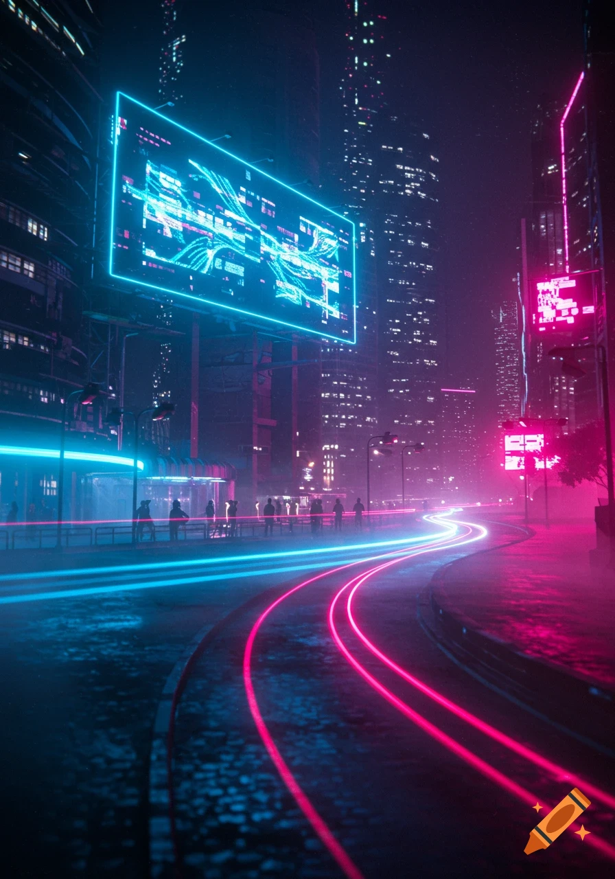 A neon-lit futuristic city street at night with glowing blue and pink light trails from vehicles and a large billboard displaying abstract digital patterns.