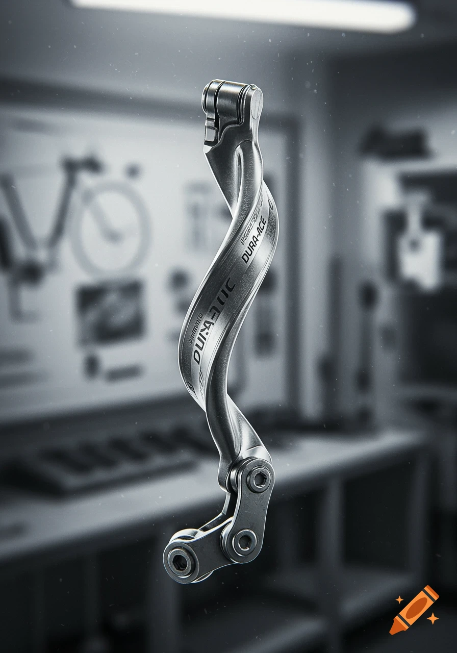 A photorealistic silver Shimano Dura-Ace bicycle chain link, twisted into an S-shape, against a blurred workshop background.