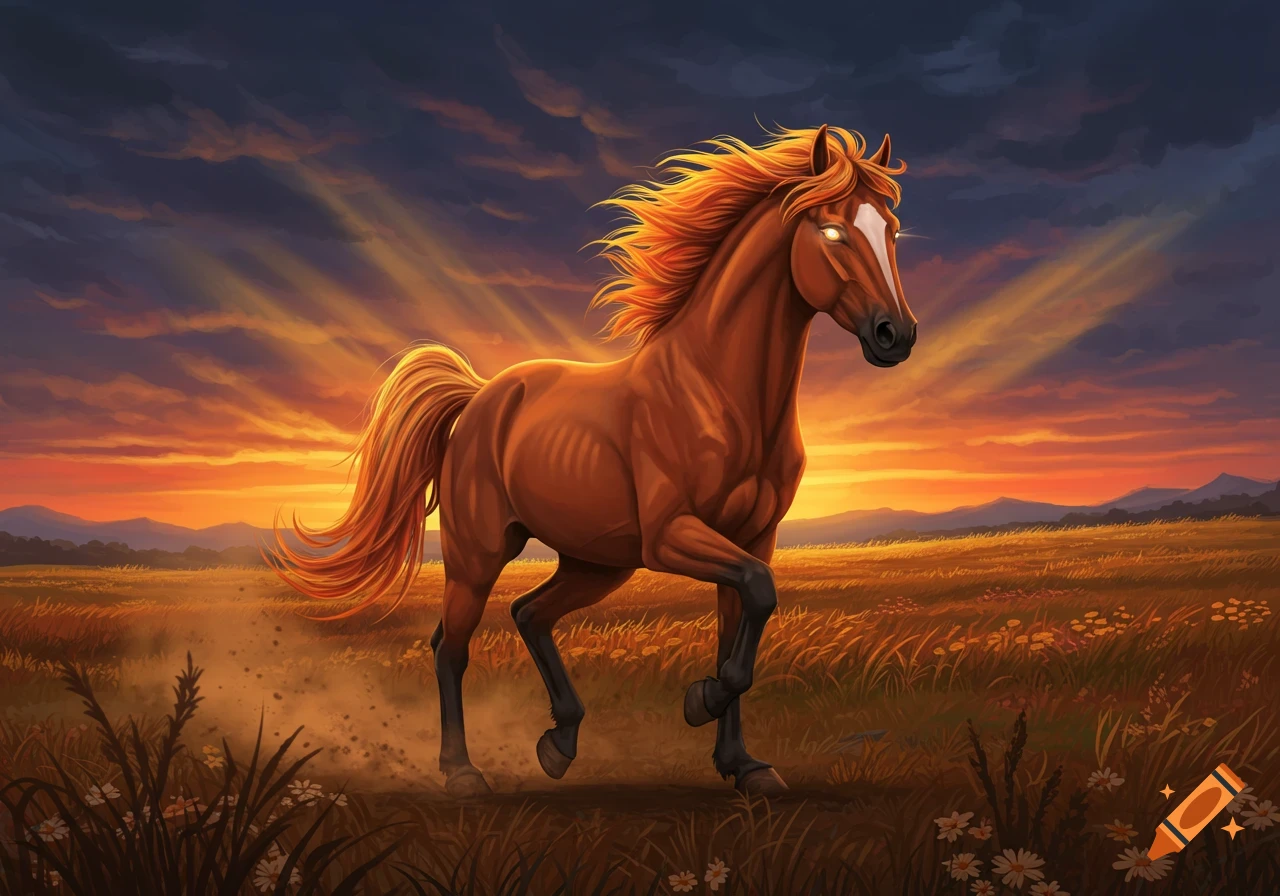 An animated brown horse with a fiery mane and glowing eyes runs through a field at sunset.